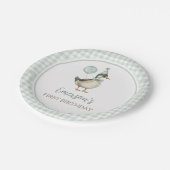 Retro Lucky Duck Sage Green Gingham 1e verjaardag Papieren Bordje (Gekanteld)