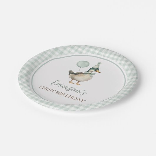 Retro Lucky Duck Sage Green Gingham 1e verjaardag Papieren Bordje (Gekanteld)