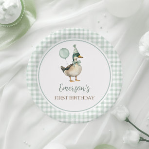 Retro Lucky Duck Saliegroen Gingham 1e Verjaardag Papieren Bordje