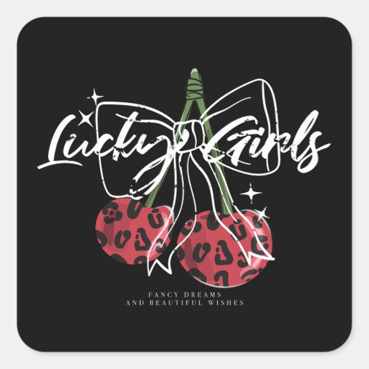 Retro Lucky Girls Cherry Quote Vierkante Sticker (Voorkant)