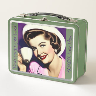 Retro lunchbox met gestileerde vrouw uit de jaren