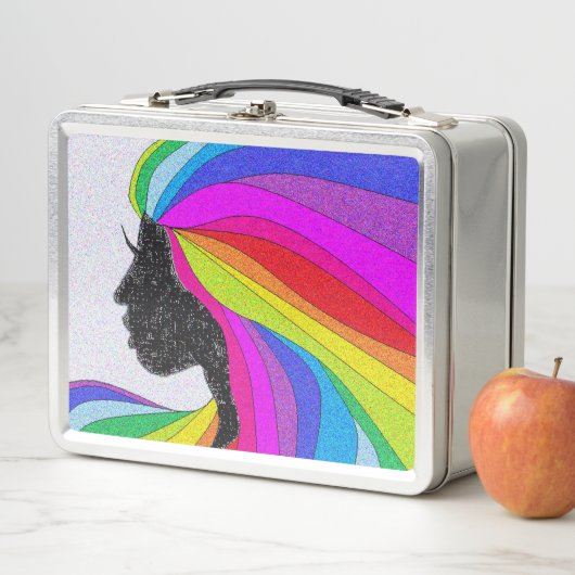 Retro Lunchbox met vrouw met regenbooghaar (In situ)