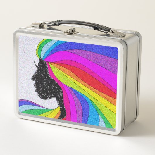 Retro Lunchbox met vrouw met regenbooghaar (Voorkant)