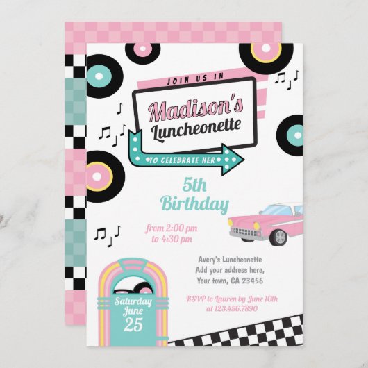 Retro Luncheonette Diner Feest Uitnodiging (Voorkant / Achterkant)