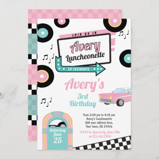 Retro Luncheonette Diner Feest Uitnodiging (Voorkant / Achterkant)