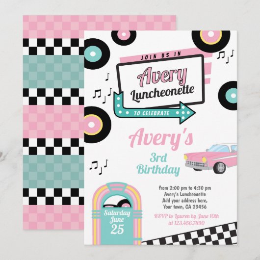 Retro Luncheonette Diner Uitnodiging (Voorkant / Achterkant)