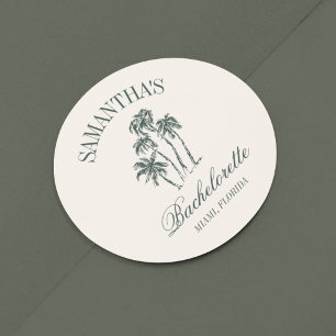 Retro Luxe Beach Bachelorette Logo Palmbomen Ronde Sticker