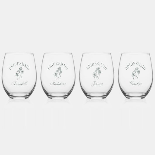 Retro Luxe Strand Palm Bomen Bruidsmeisjes Namen Wijnglas Zonder Voet (Voorkant)