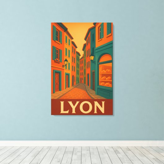 Retro Lyon Frankrijk Reizen: Mid-Century Modern Canvas Afdruk (Insitu (Houten vloer))