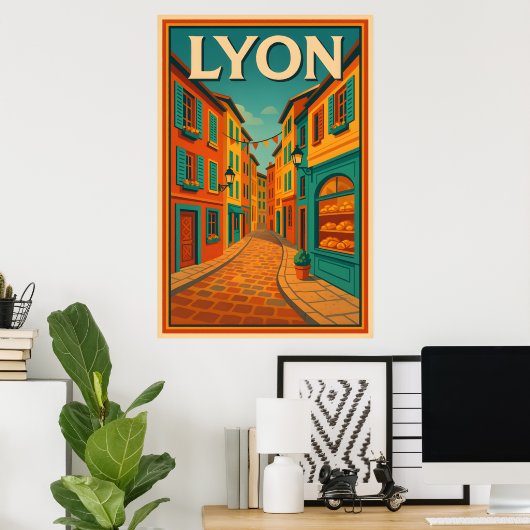 Retro Lyon Frankrijk Reizen: Mid-Century Modern Poster (Thuiskantoor)