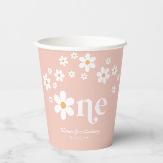 Retro madelief boho 1e verjaardag papieren bekers (Voorkant)