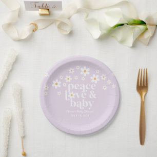 Retro Madelief boho Vrede Liefde Baby Shower lila Papieren Bordje