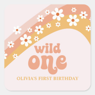 Retro Madelief Boho Wild One Regenboog Vierkante Sticker
