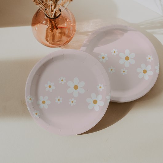 Retro Madelief Licht Roze Bloemen Papieren Bordje