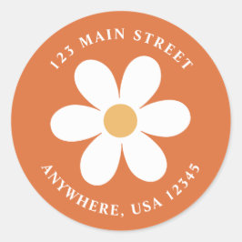 Retro madelief verbrand oranje boho retouradreslab ronde sticker