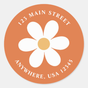 Retro madelief verbrand oranje boho retouradreslab ronde sticker