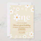 Retro Madeliefje Eén Bloemige Uitnodiging voor 1e  (Voorkant)