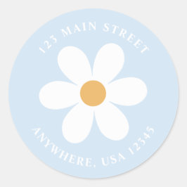 Retro madeliefje lichtblauw boho retouradreslabel ronde sticker