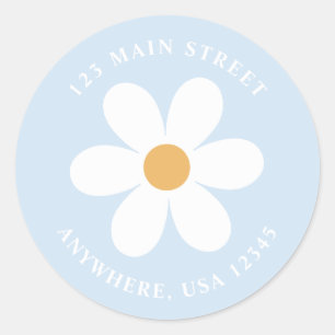 Retro madeliefje lichtblauw boho retouradreslabel ronde sticker