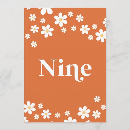 Retro madeliefje oranje bruiloft tafelnummer negen (Voorkant)