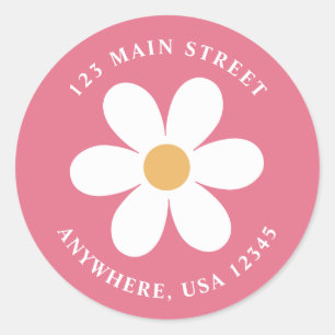 Retro madeliefje roze boho retouradreslabel ronde sticker