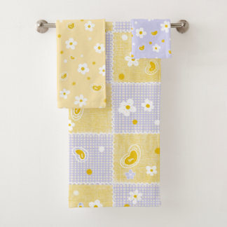 Retro Madeliefjes Bloemmotief Geel en Paars Bad Handdoek