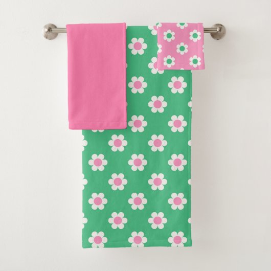 Retro Madeliefjes Roze en Groen Bad Handdoek (Insitu)