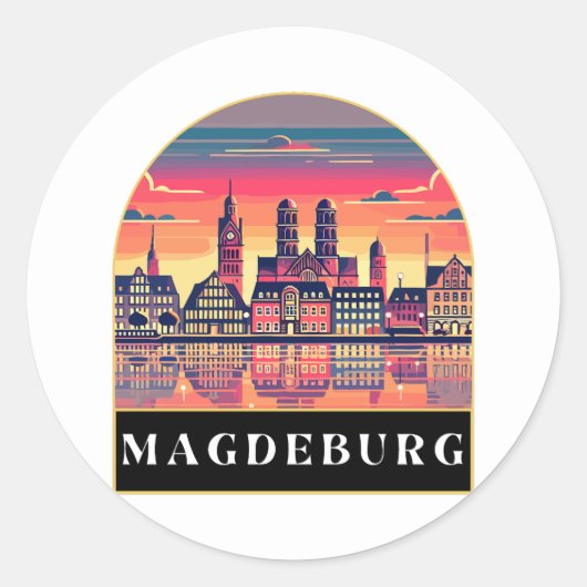 Retro Magdeburg Skyline Ronde Sticker (Voorkant)