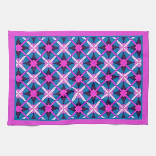 Retro Magenta en Blauwgroen Blue Diamond Pattern T Theedoek (Horizontaal)