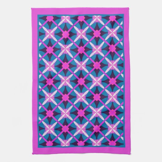 Retro Magenta en Blauwgroen Blue Diamond Pattern T Theedoek (Verticaal)