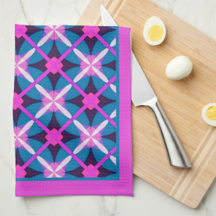 Retro Magenta en Teal Blauwe Diamant Patroon Thee Theedoek