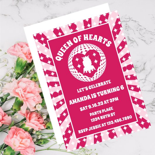 Retro Magenta Queen of Hearts Birthday Kaart