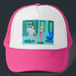 Retro Magical Genie Trucker Hat Trucker Pet<br><div class="desc">Deze Retro Magical Genie Trucker Hat is als een droom die uitkomt! De stijl van de jaren zestig, minimalistisch, cartoon die shows tekent in het interieur van het moderne huis uit de midden van de eeuw met blauwgroen en turkooismuren en vloeren. We zien een mooie, blonde, genie met een hete...</div>