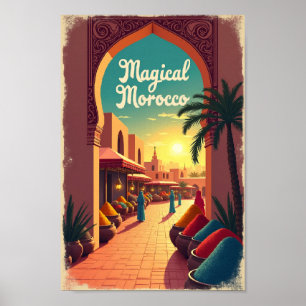 Retro Magisch Marokko: Levendige Specerijenmarkt Poster