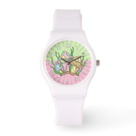Retro Magische paddenstoelen Roze en Geel Horloge
