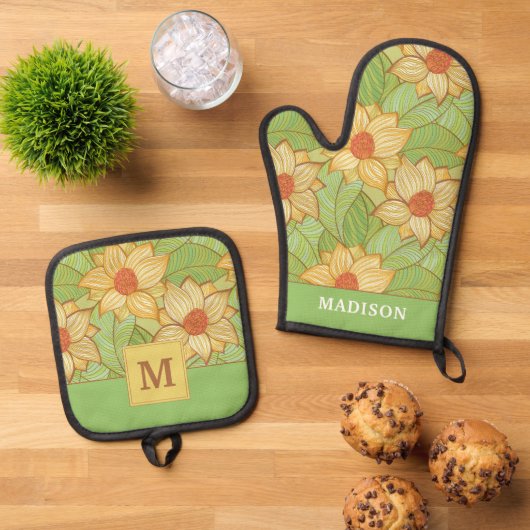 Retro Magnolia Pattern Ovenwant & Pannenlap Set (Top down)