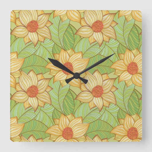Retro Magnolia Pattern Vierkante Klok (Voorkant)