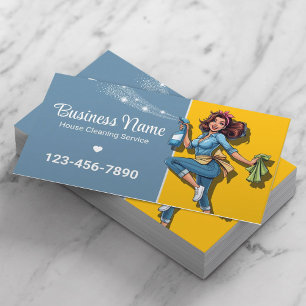 Retro Maid House Schoonmaakservice Blauw & Goud Visitekaartje