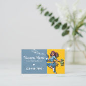 Retro Maid House Schoonmaakservice Blauw & Goud Visitekaartje (Staand voorkant)