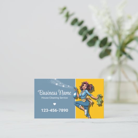Retro Maid House Schoonmaakservice Blauw & Goud Visitekaartje (Staand voorkant)