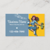 Retro Maid House Schoonmaakservice Blauw & Goud Visitekaartje (Voorkant)