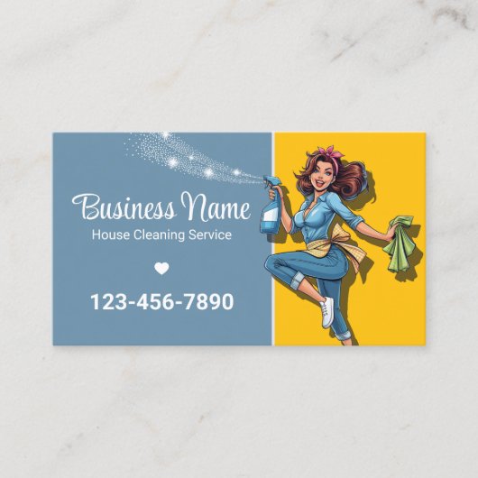 Retro Maid House Schoonmaakservice Blauw & Goud Visitekaartje (Voorkant)
