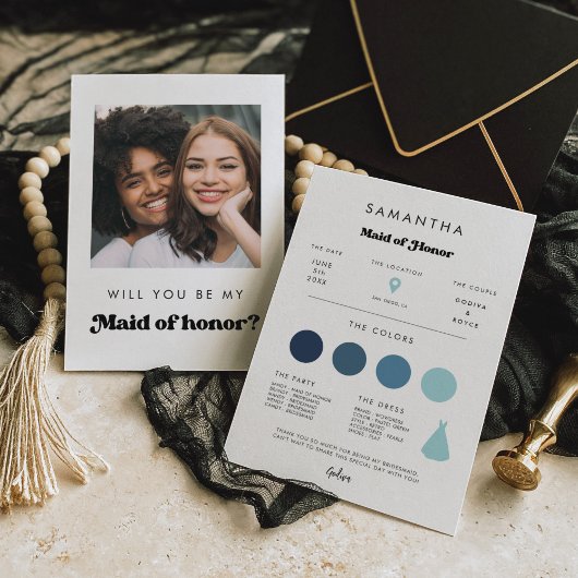 Retro Maid of Honor Proposal Info Card with Photo Kaart