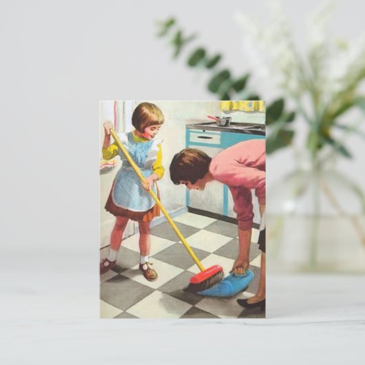 retro  mam-dochter reiniging briefkaart (Staand voorkant)
