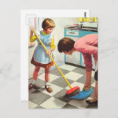retro mam-dochter reiniging briefkaart (Voorkant / Achterkant)