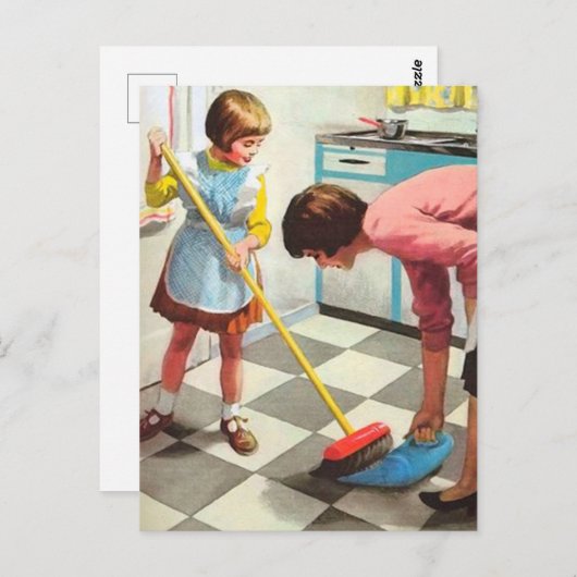 retro  mam-dochter reiniging briefkaart (Voorkant / Achterkant)