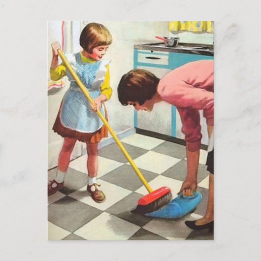 retro mam-dochter reiniging briefkaart (Voorkant)