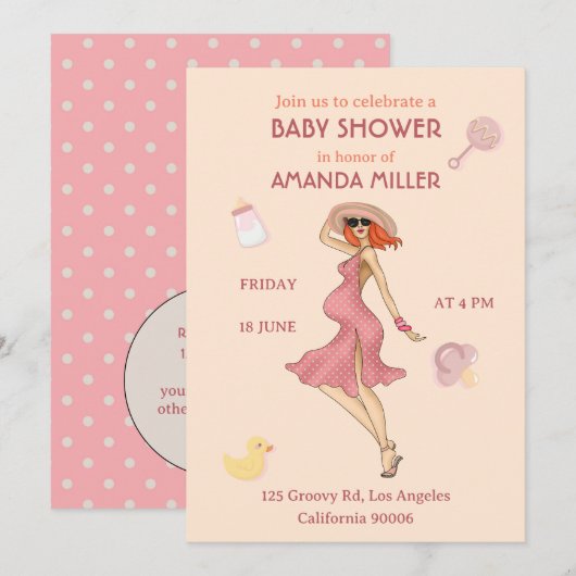 Retro mammie Redhead 2 Baby shower Party Invitatio Kaart (Voorkant / Achterkant)