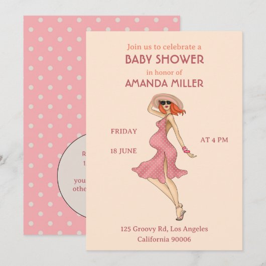 Retro mammie Redhead Baby shower Party Invitation Kaart (Voorkant / Achterkant)