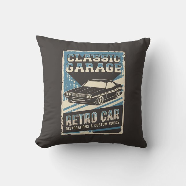 Retro Man Cave Classic Automotive-Car Garage Throw Kussen (Voorkant)